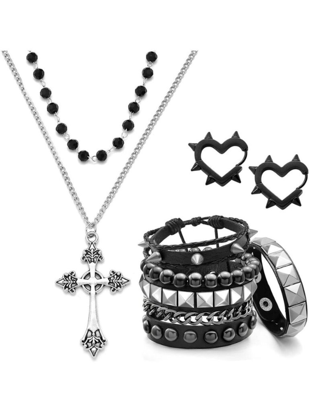 6 Pcs Punk Studded Bracelets Grunge Gothic Necklace Earrings Jewelry Set 80s